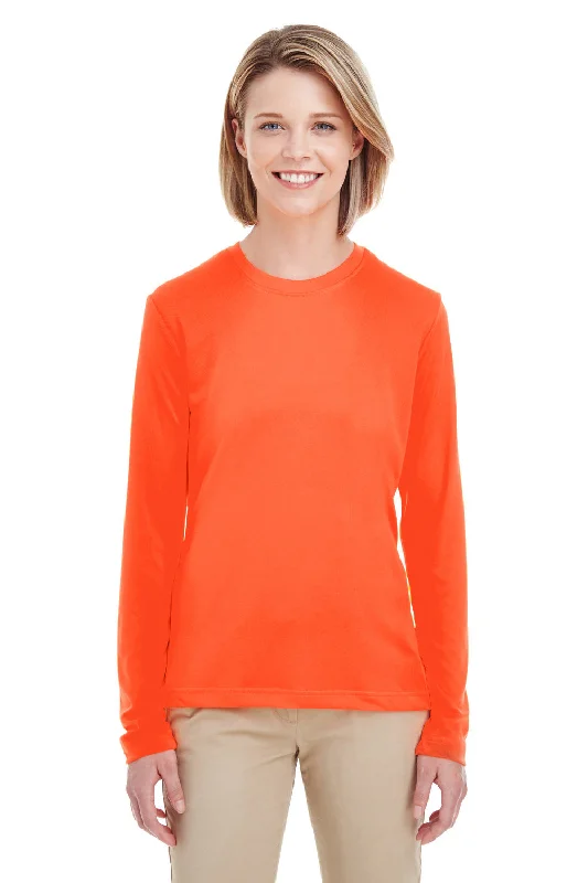 UltraClub Womens Cool & Dry Performance Moisture Wicking Long Sleeve Crewneck T-Shirt - Bright Orange