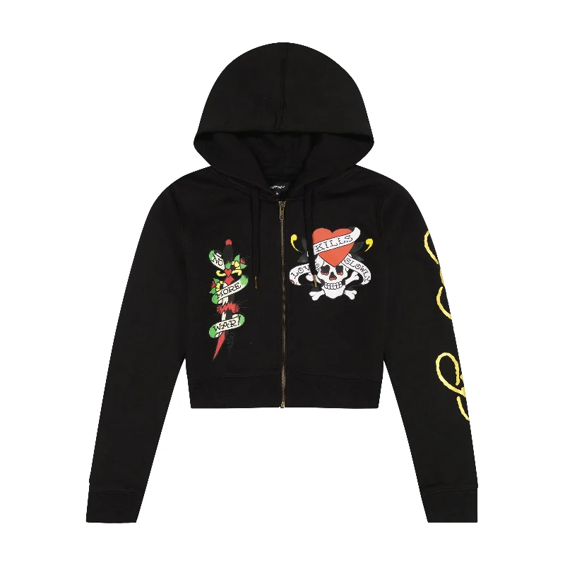 LKS Skull Black Zip Front Cropped Hoodie