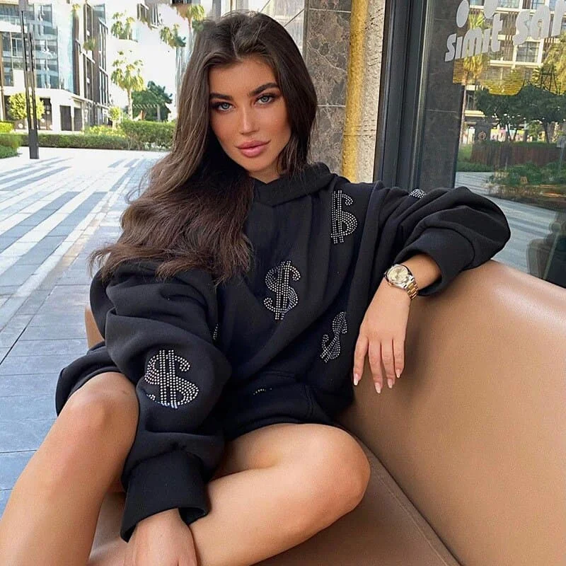 DressBetty - Money Print Baclk Hoodies Loose Long Sweatshirts Autumn Winter Oversized Pullover Hot Female Clothing Casual Fashion Streetwear