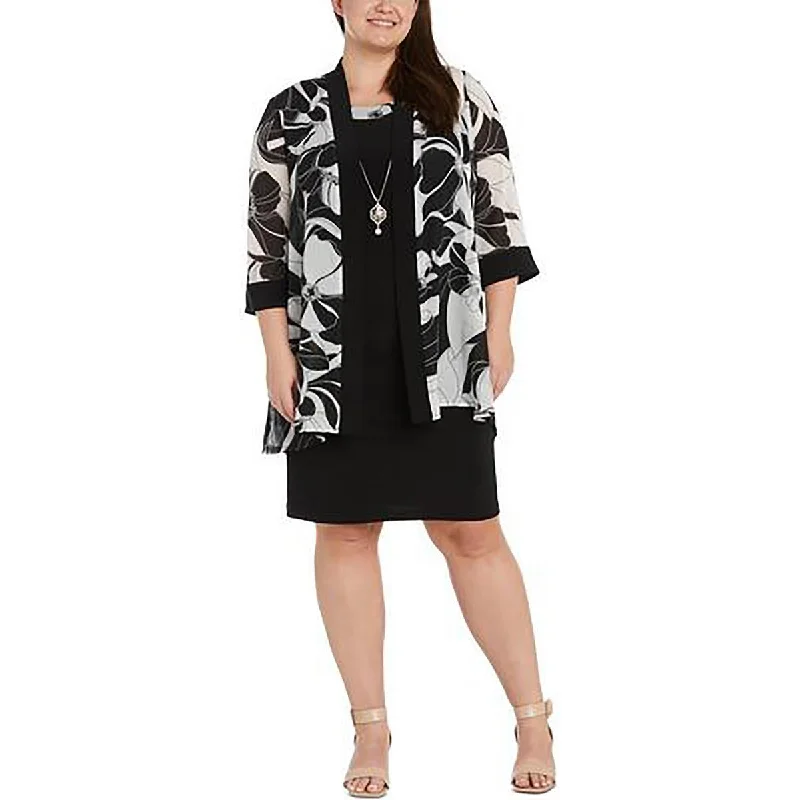 R&M Richards Womens Plus Shimmer Floral Print Open-Front Blazer