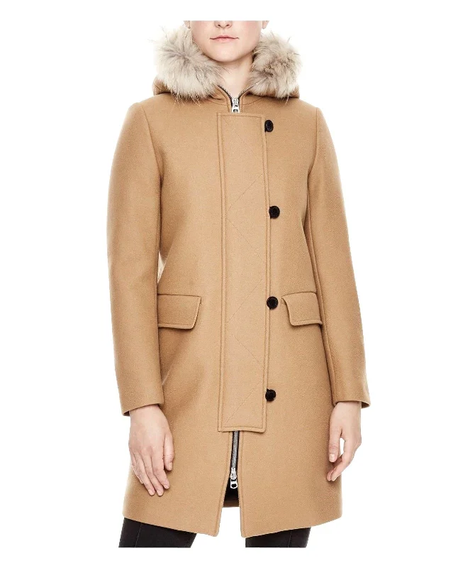 Sandro Women's Camel Kurt Wool Coat Fur Trim Women's HoodSummer Jackets