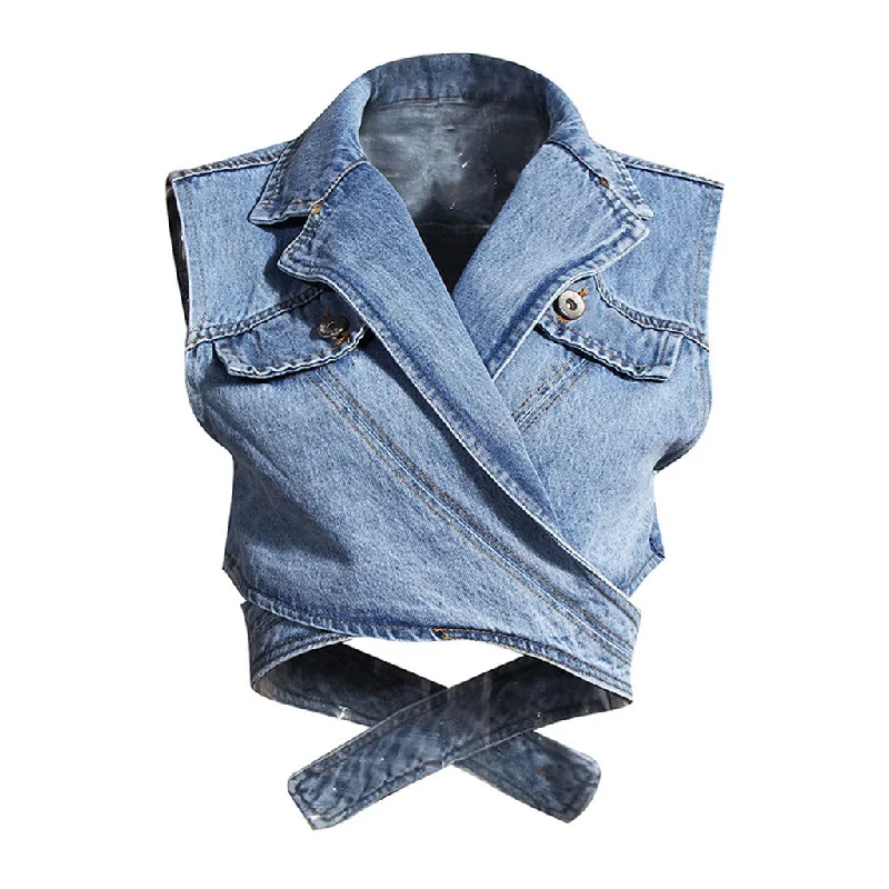 Trendy Crossover Wrap Lapel Collar Cropped Denim VestDown Jackets