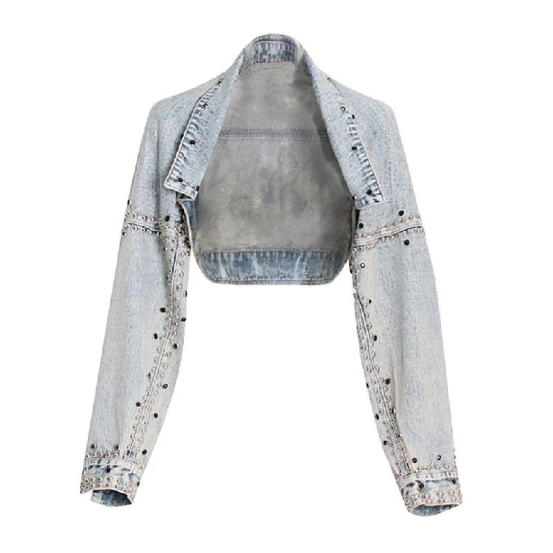 Vintage Collared Drop Shoulder Long Sleeve Stud Embellished Denim Bolero JacketVelvet Jackets