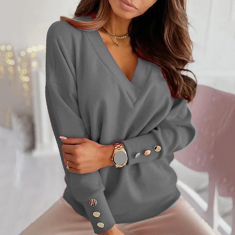 DressBetty - Women sweater Autumn Solid Color Deep V Neck Pocket Single-breasted Long Sleeve Pullover Knitted Cardigan Tops Oversized