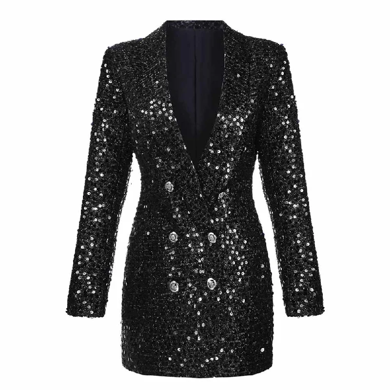 Women Bling Bling Sequined Black Long Blazer