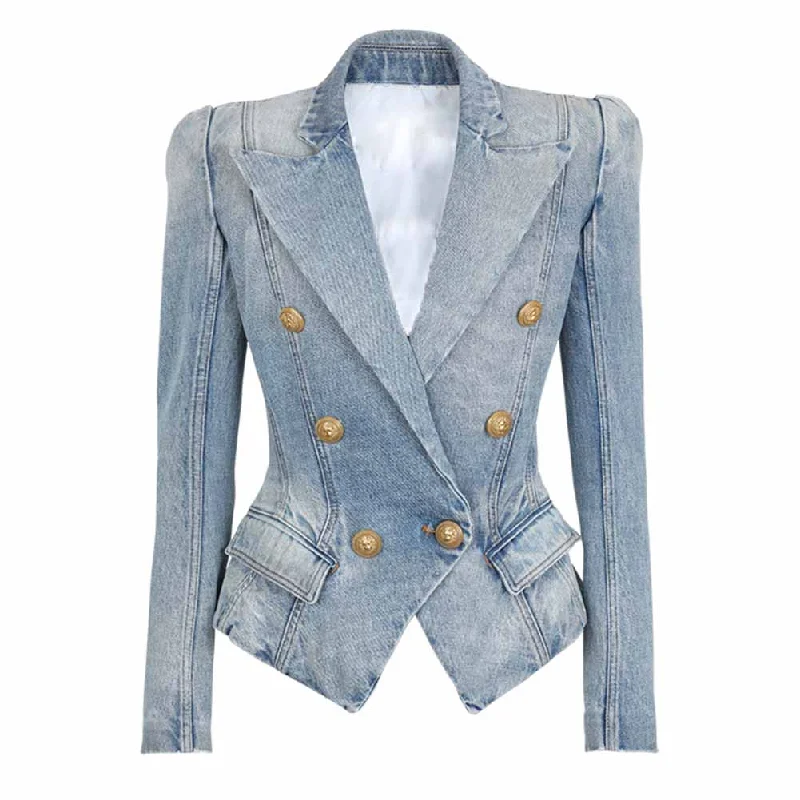 Women's Golden Lion Buttons Fitted Denim Blazer Jacket Blue