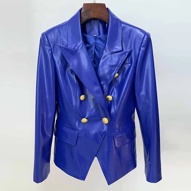 Women's Luxury Faux Leather Collar Fitted Blazer Golden Lion Buttons Royal Blue