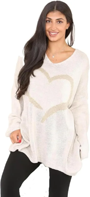 Womens Italian Knitted Oversized Lagenlook Big Heart Print Jumper