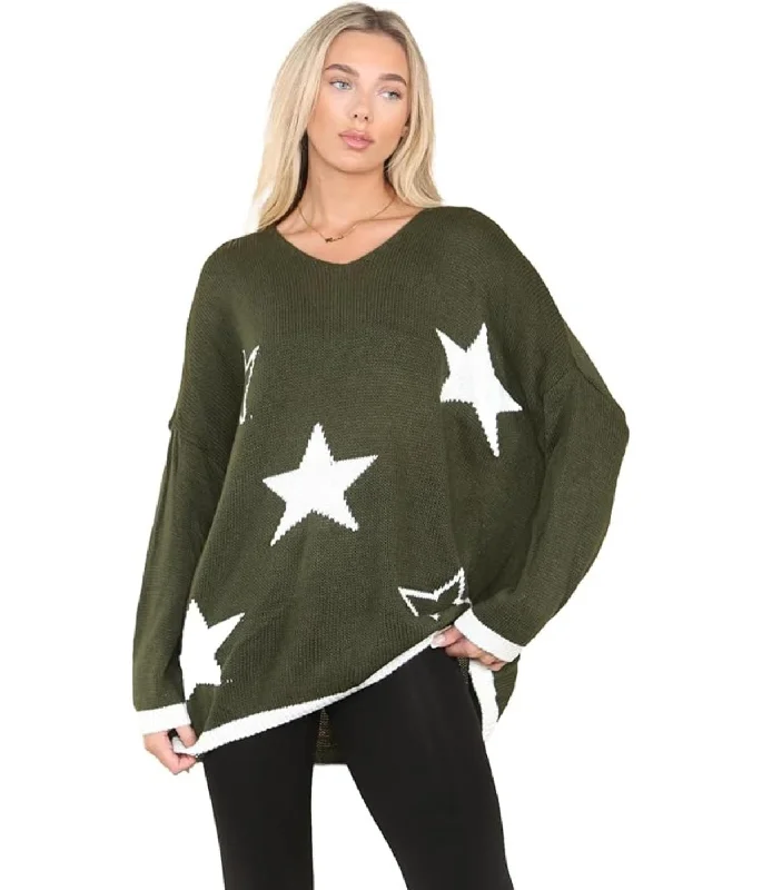 Womens Knitted Oversized Multi Star Print Jumper Ladies Long Sleeve  Winter Hi Lo Sweater