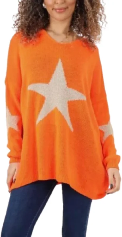 Womens Italian Knitted Oversized Lagenlook Star Print Jumper Long Sleeve Sweater One Size