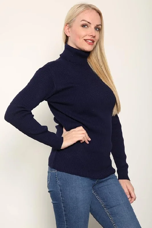 Women's Knitted Ribbed Long Sleeve Polo Neck Top Jumper