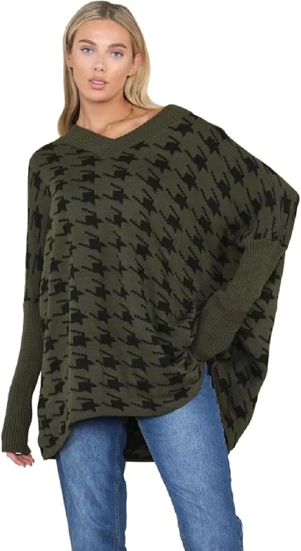 Womens Knitted Oversized Dogtooth Jumper Ladies Tooth Print Sweater Plus Size