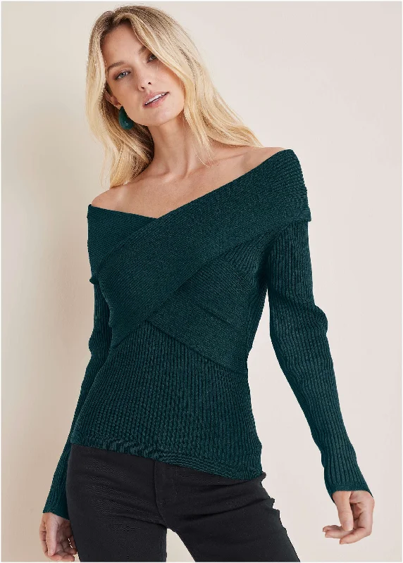 Ribbed Knit Wrap Sweater  - Deep Lake