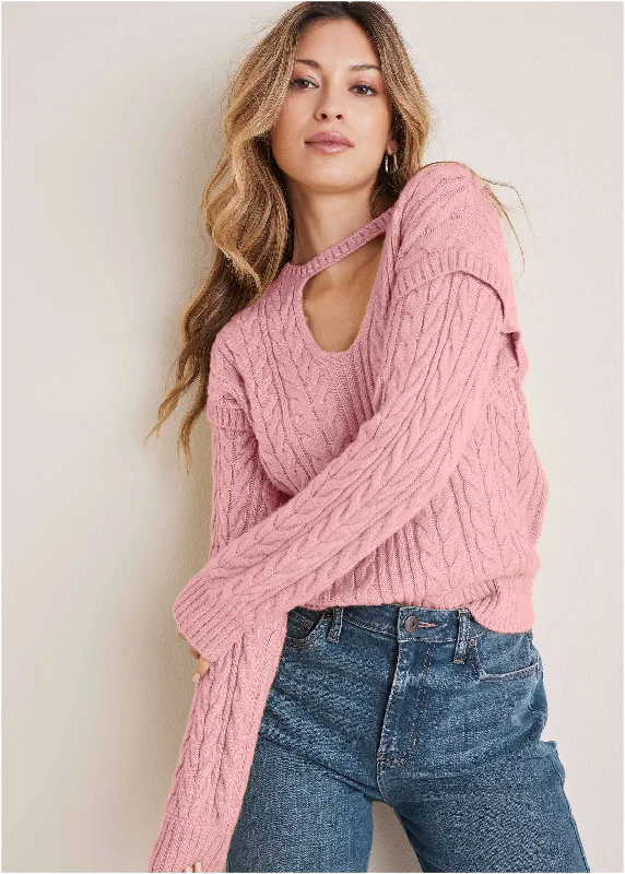 Cable Knit Cut-Out Sweater - Bleached Mauve