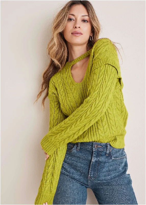 Cable Knit Cut-Out Sweater - Lentil Sprout