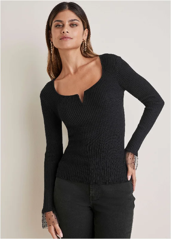 Ribbed Organza Sweater  - Black