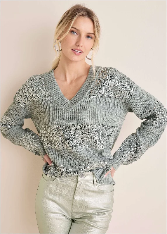 Sequin Vneck Sweater  - Light Heather Grey