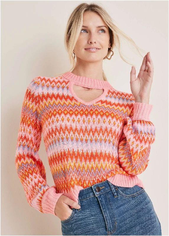 Fair Isle Mock Neck Sweater - Peach Dust