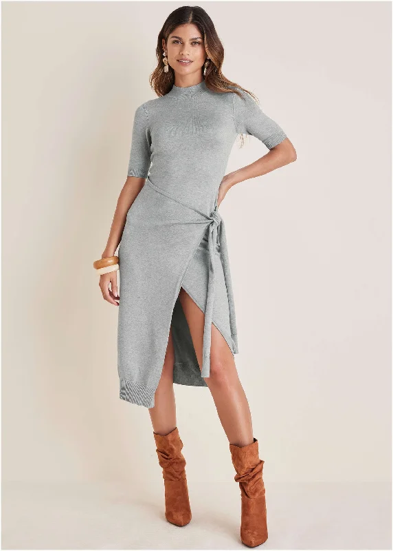 Tie Side Sweater Dress - Light Heather Grey