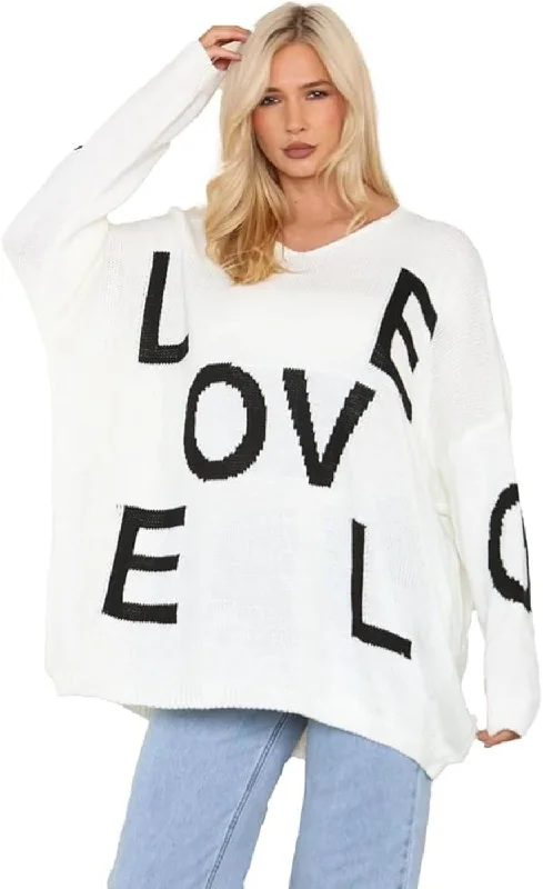 Womens Italian Knitted Oversized Lagenlook Love Print Jumper