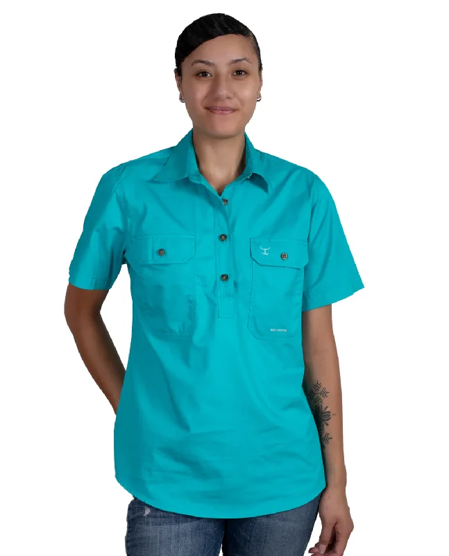 50506TUR Just Country Women's Evie Short Sleeve Half button Work shirt Turquoise