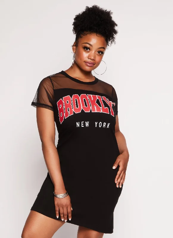 Plus Size Mesh Insert Brooklyn New York T Shirt Dress