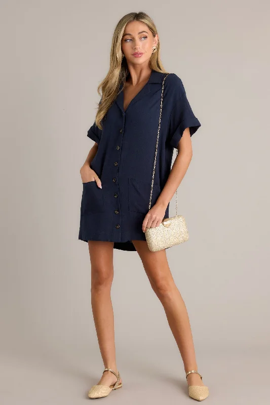 Effortless Selection Navy Button Front Mini Shirt Dress