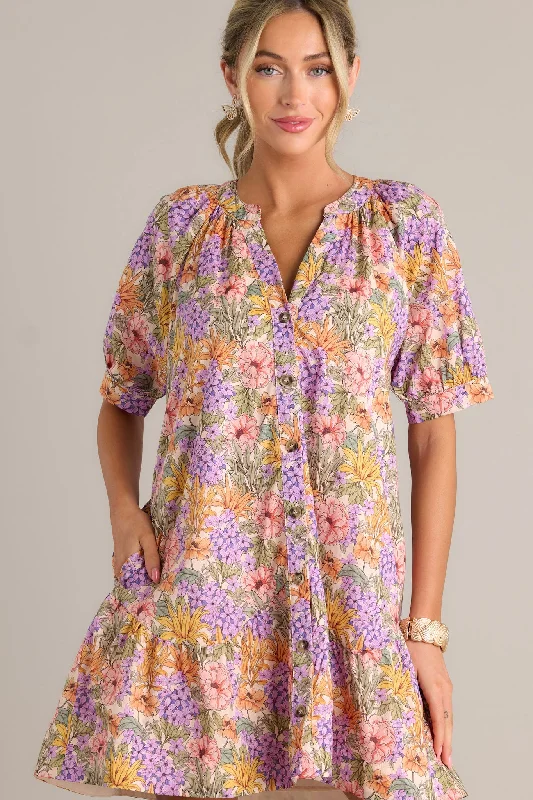 Garden Glow 100% Cotton Lavender Mini Shirt Dress