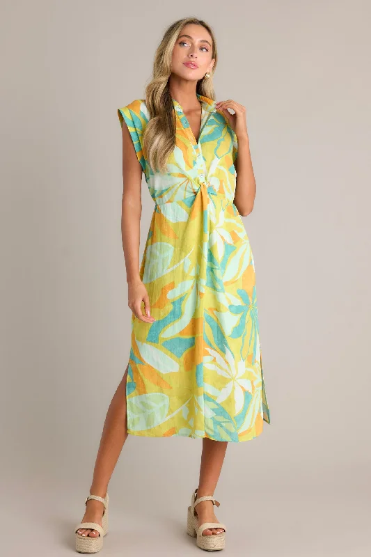 Live Your Best Life Lime Green Tropical Print Midi Dress