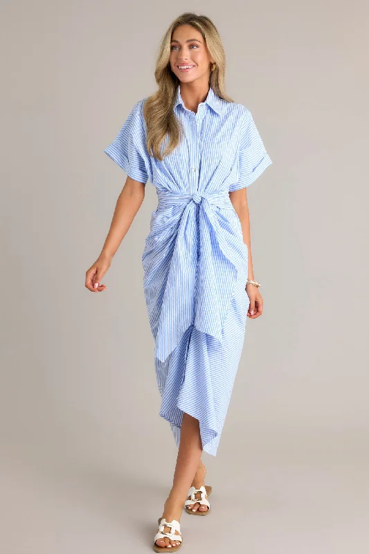 Nautical Breeze Blue Stripe Button Front Midi Dress