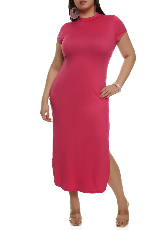 Plus Size Side Slit Mock Neck Maxi Dress