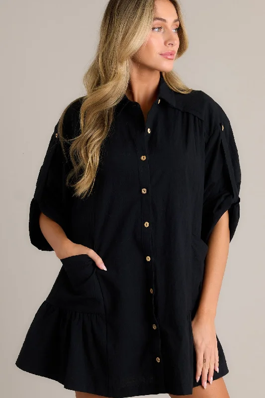 Posh Vision 100% Cotton Black Button Front Mini Dress