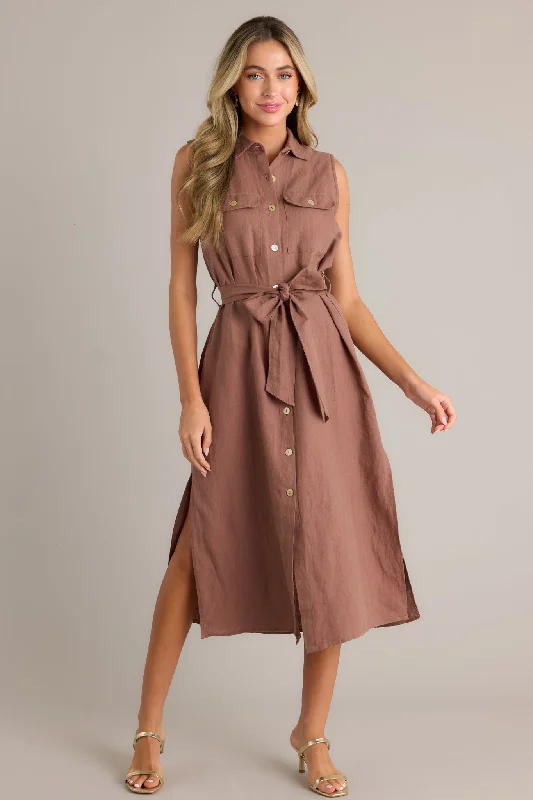 Timeless Grace Brown Tie-Front Midi Dress