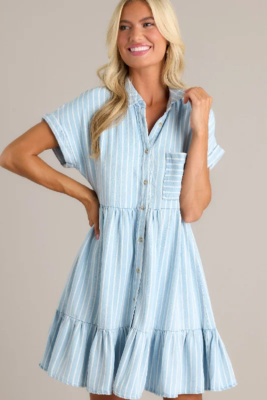 Whispering Waves Chambray Stripe Short Sleeve Mini Dress