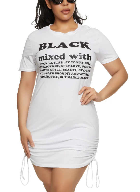 Plus Size Black Mixed With Graphic Ruched T Shirt Dress