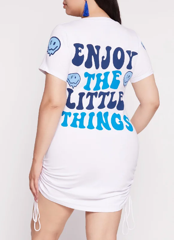 Plus Size Smiley Enjoy The Little Things Ruched T Shirt Dress