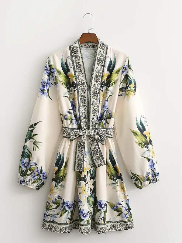 Women's Modern Printed Flower Waist Belt Shirt Dress