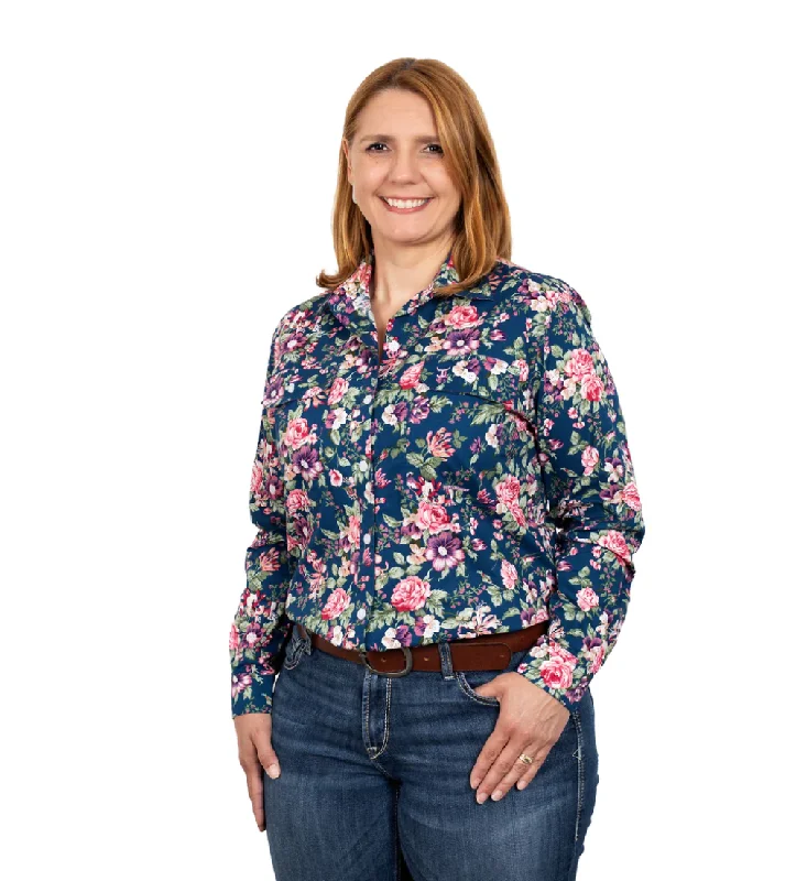 WWLS2325 Just Country Women's Abbey Navy Hibiscus LS Shirt