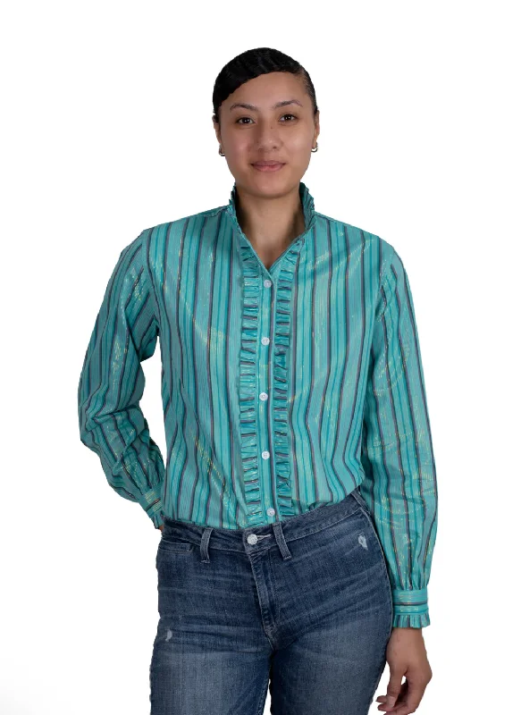 WWLS2455 Just Country Women's Abbey Frills full button print workshirt Turquise Stripe