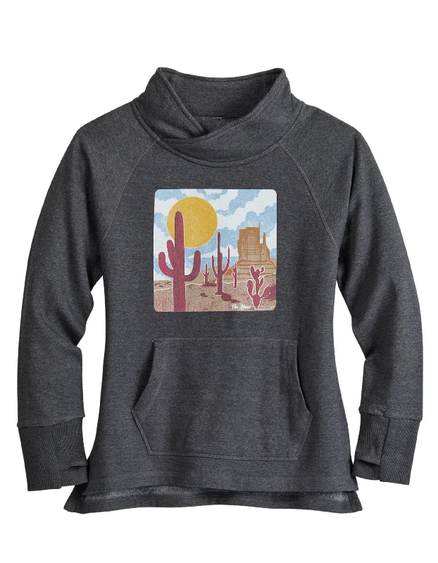 WOMENS TIN HAUL PULLOVER HOODIE DESERT SCENERY SCREEN PRINT WITH FUNNEL NECK