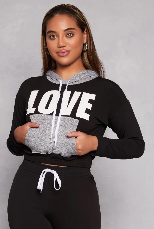 Love Graphic Color Block Pullover Hoodie