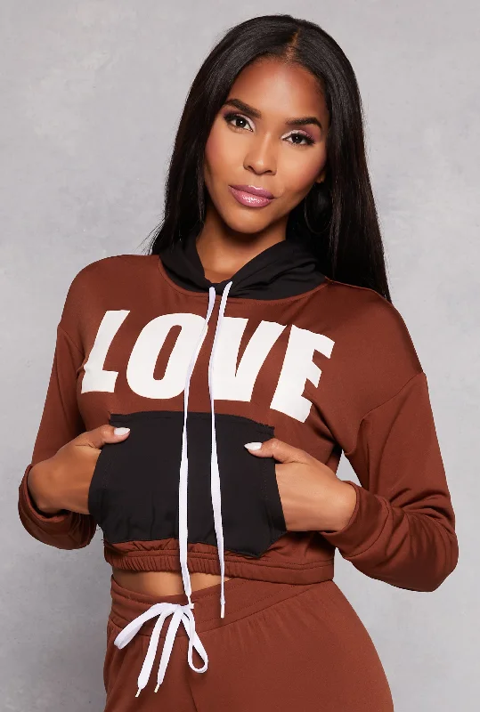 Love Graphic Color Block Pullover Hoodie