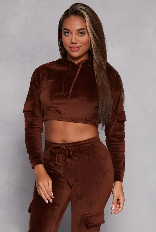 Velour Cropped Pullover Hoodie