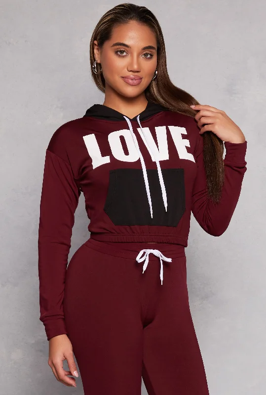 Love Graphic Color Block Pullover Hoodie