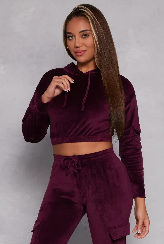 Velour Cropped Pullover Hoodie