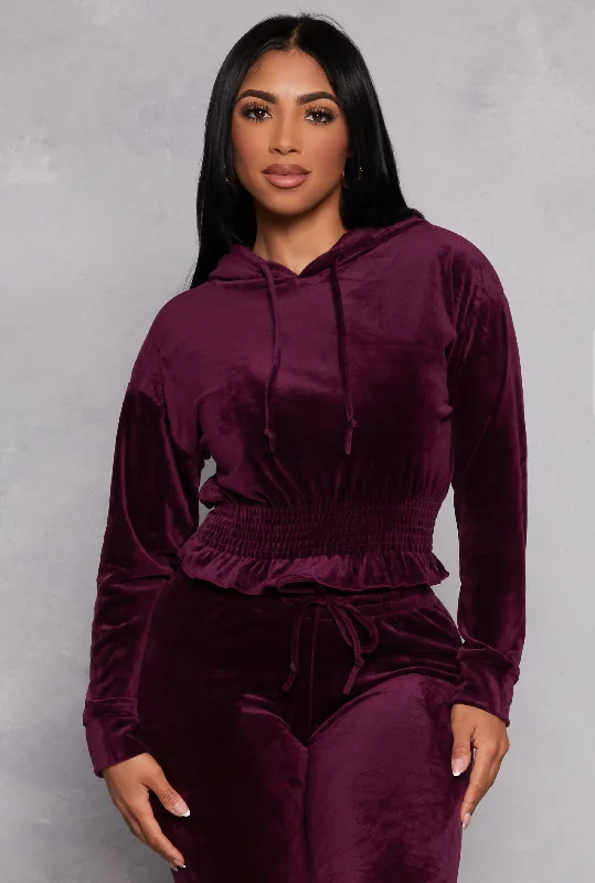 Velour Smocked Hem Pullover Hoodie