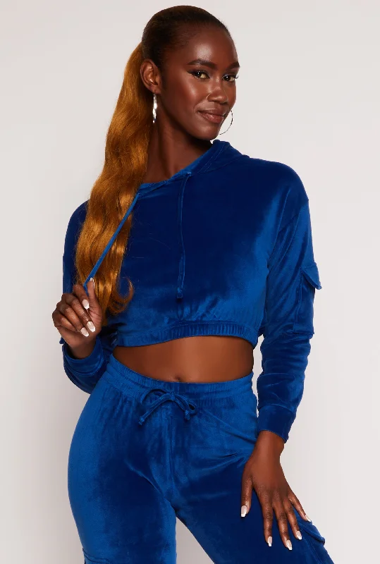 Velour Cropped Pullover Hoodie