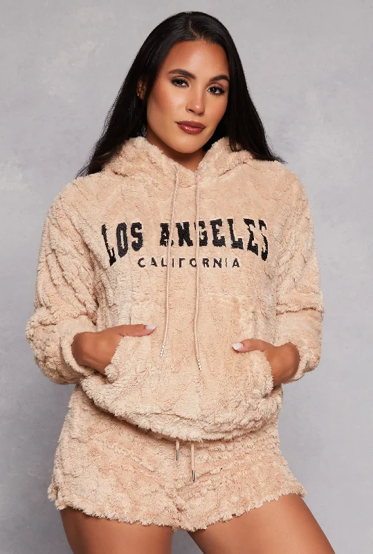 Almost Famous Faux Fur City Graphic Pullover Hoodie