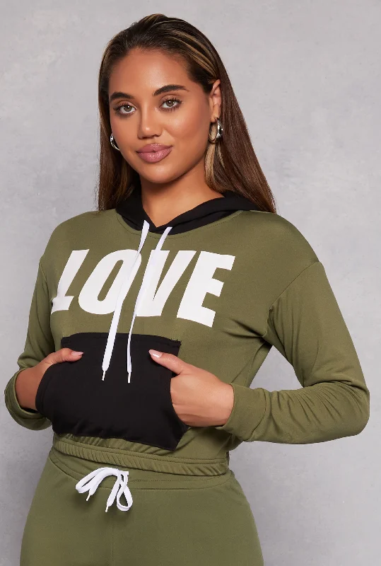 Love Graphic Color Block Pullover Hoodie