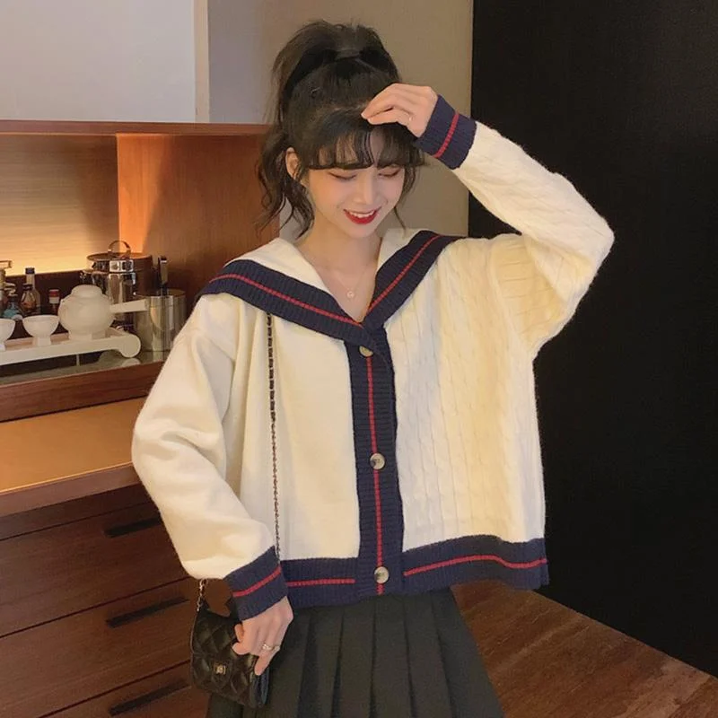 Women's Kawaii Contrast Color Navy Collar Cardigans